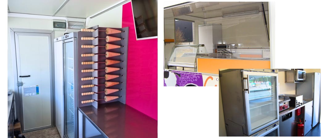 Deux vues d’un food truck : présentoir à cornets devant une chambre froide, puis comptoir de vente avec vitrine
