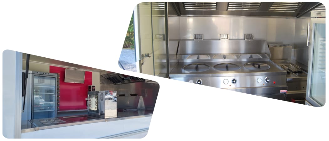 Deux vues d’une cuisine de food truck en inox : vitrine réfrigérée, plan de cuisson et hotte d’extraction