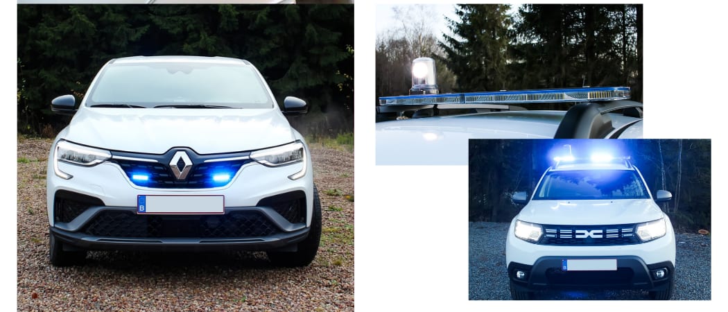 Trois vues de véhicules d’intervention équipés de rampes lumineuses bleues et de feux de calandre