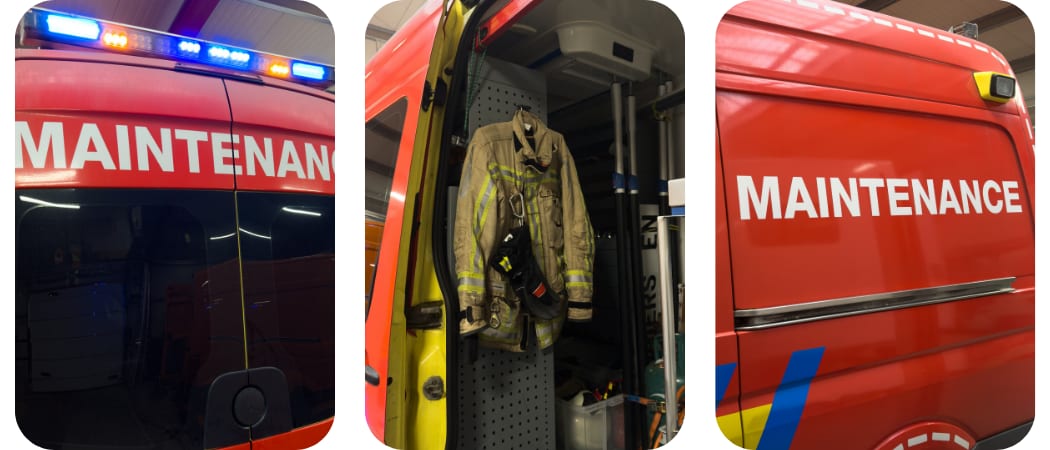 Trois vues de véhicules de secours rouges : rampe lumineuse, tenue de feu suspendue et flanc de fourgon lettré